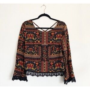H&M Coachella | Floral Flowy Boho Lace Trim Bell-Sleeve Long Sleeve Shirt Small